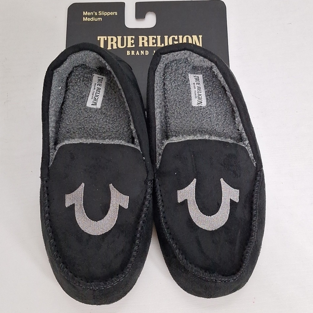 True Religion "NEW" Men's Gray Black Cozy Plush Lounge Slip On Slippers Size M
